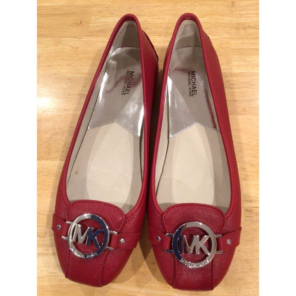 Michael Kors Fulton MK Logo Womens Sz 10 Slip On Ballet Flats Red Leather Shoes